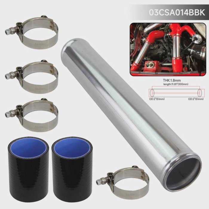 Universal 0 Degree Aluminum Intercooler Pipe Tube hose 51mm 2" + Silicone hose w/ T-clamps Black /B