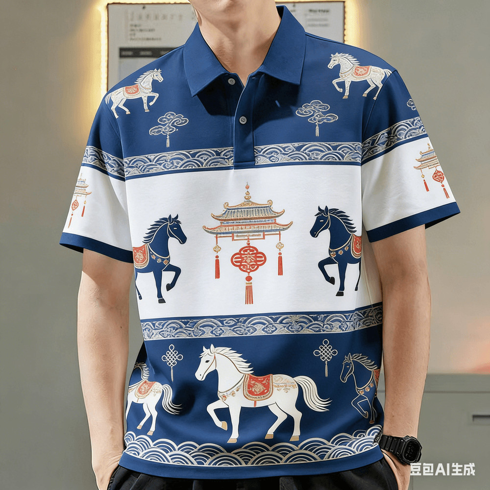 เสื้อโปโลผู้ชายสไตล์จีน แขนสั้น เหมาะสำหรับใส่เล่นสนุกและกิจกรรมกลางแจ้ง ในเทศกาลตรุษจีน