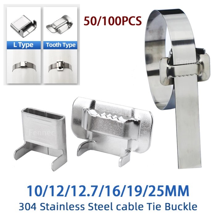 304 Stainless Steel Cable Tie Buckle 10/12/12.7/16/19/25mm L-type Buckle Wrap Zip Ties Packaging To