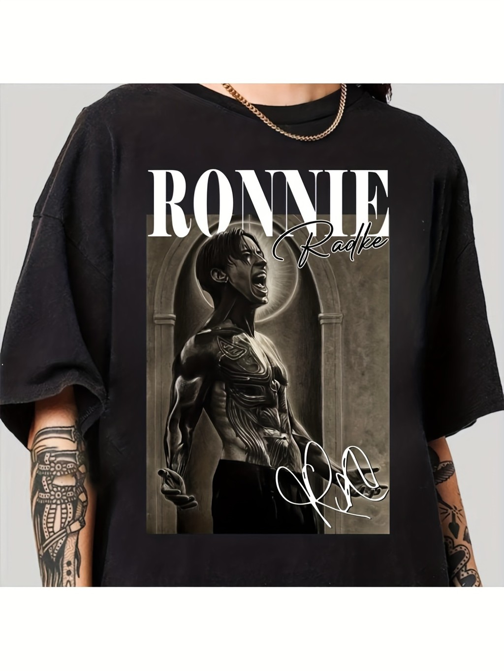Ronnie Radke Falling in Reverse T-Shirt- โลโก้วงดําและพิมพ์ลายเซ็น ชุดลําลอง