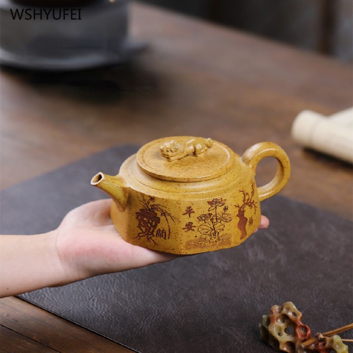 Yixing Purple clay pot Lucky Eight Square Pot Raw ore high-temperature section mud teapot 1pcsChine
