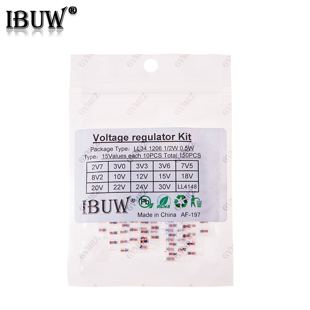 15มูลค่า *10pcs = 150pcs LL34 SMD Zener Diode Assorted Kit 0.5W 2.7V-30V และ LL4148 2.7V 3.3V 7.5V 8