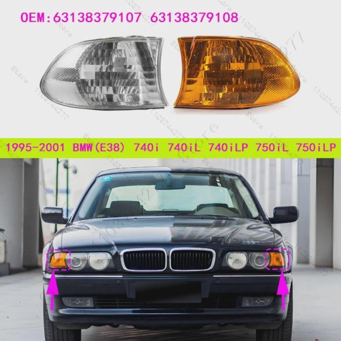 For 1995-2001 E38 BMW 740i 740iL 740iLP 750iL Front Turn Signal Corner Lights Parking Lamps (No Bul