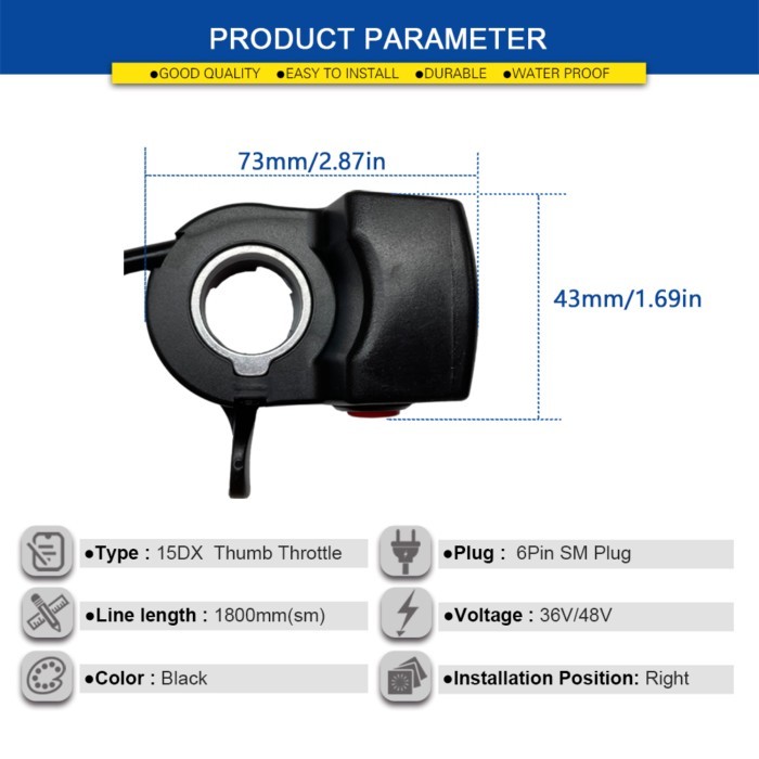 Ebike Thumb Throttle 15DX 36V 48V Electric Bike Thumb Throttle ebike 6 Pin SM Plug With Power Switc