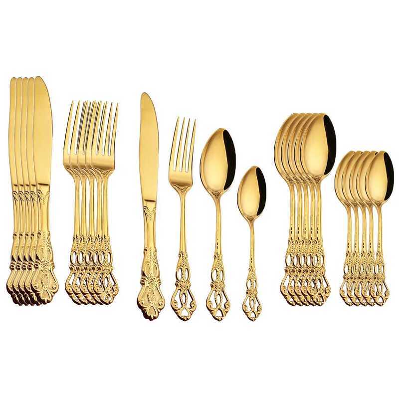 C New 24Pcs Cutlery Set Gold Dinnerware Stainless Steel Royal Spoon For Knives Kitchen Western Dinn