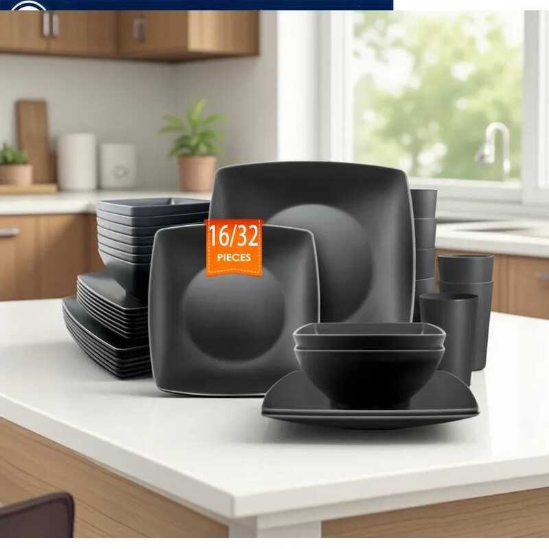 C 16/32 Piece Square Steak Plate Salad Bowl Tableware Set, Square Plate Bowl Cup, Environmentally F