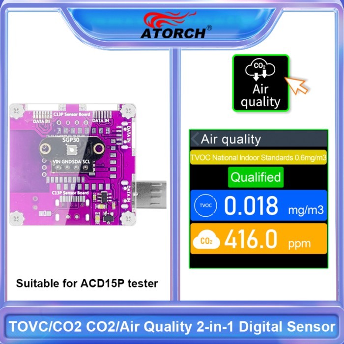 ATORCH ACD15P TOVC/CO2 CO2/Air Quality 2-in-1 Digital Sensor