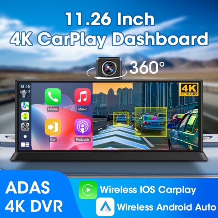 10/11.26" 4K ADAS Car DVR 360° Rotate Dashcam 1080P Rear Camera Wireless Carplay&Android Auto Adas