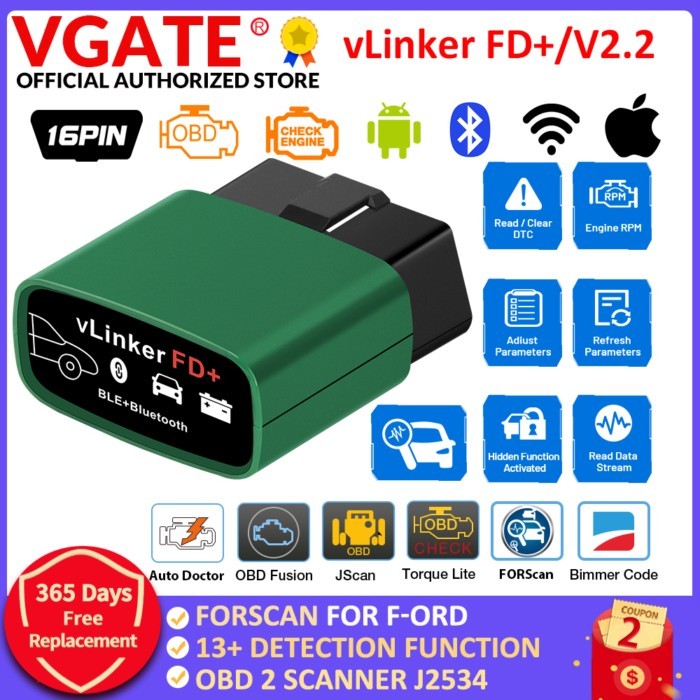 Vgate vLinker FD+ ELM327 Bluetooth-compatible 4.0 FORScan wifi OBD2 Car Diagnostic OBD 2 Scanner J2