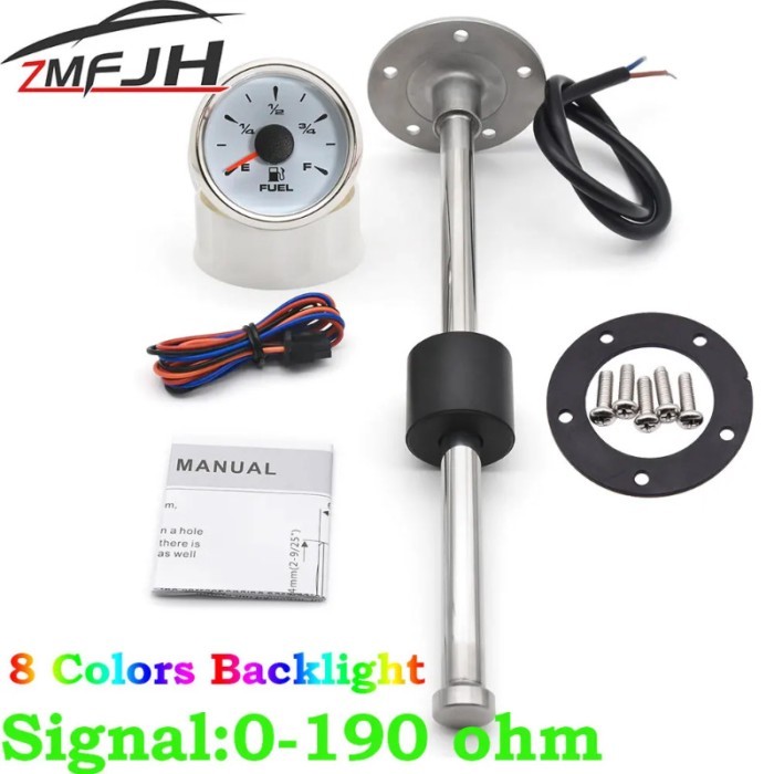 52mm Car Boat Pointer Fuel level Gauge 0-190ohm Waterproof Oil Gauge + Sensor 125mm 150mm 175mm 200
