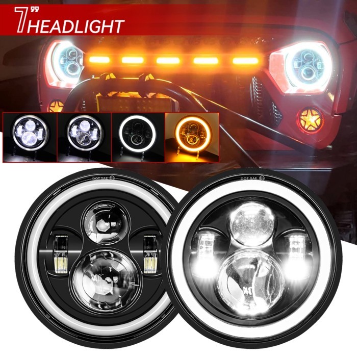 7 Inch LED Headlight H4 Hi-Lo With Halo Angel Eyes For Lada 4x4 urban Niva JK Land rover defender H