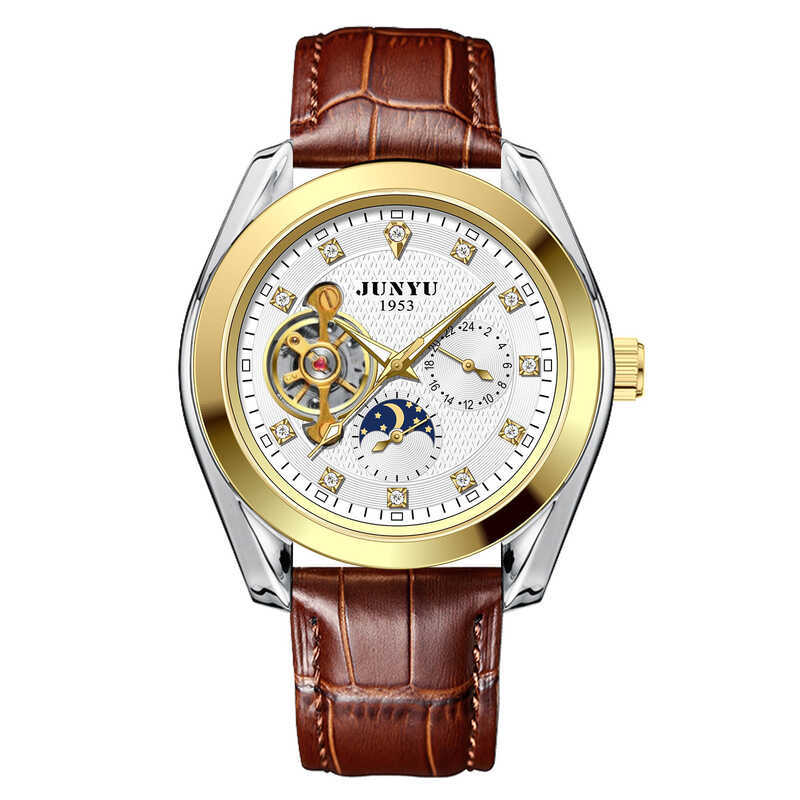 นาฬิกาผู้ชายนาฬิกากลไกอัตโนมัติ Tourbillon Hollow แฟชั่นผู้ชาย Casual ธุรกิจนาฬิกาผู้ชายกันน้ํา Juny