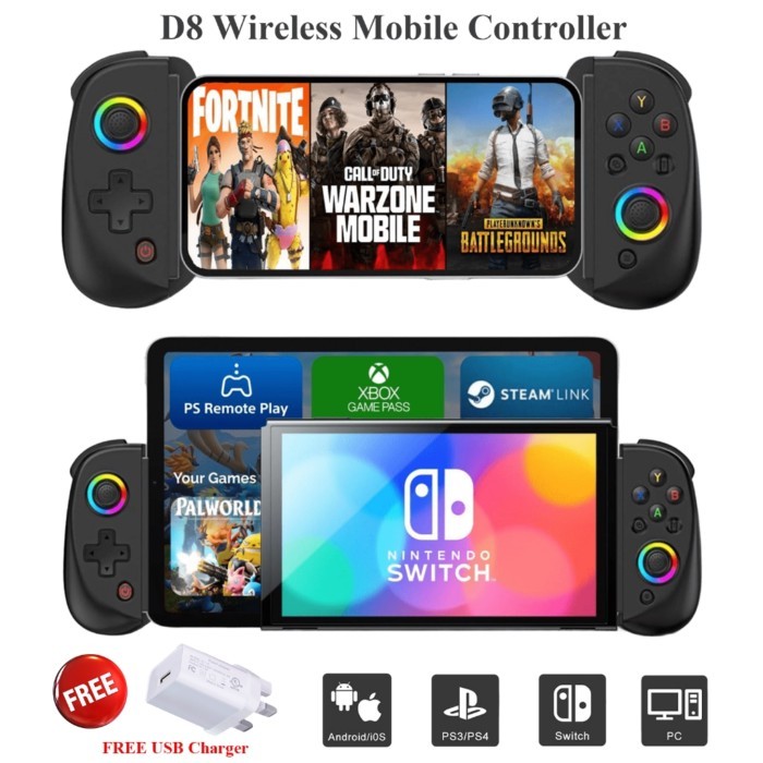 BSP D8 ตัวควบคุมเกมมือถือสําหรับ iPhone Android iPad แท็บเล็ต RGB Hall จอยสติ๊กทริกเกอร์ไร้สายบลูทูธ