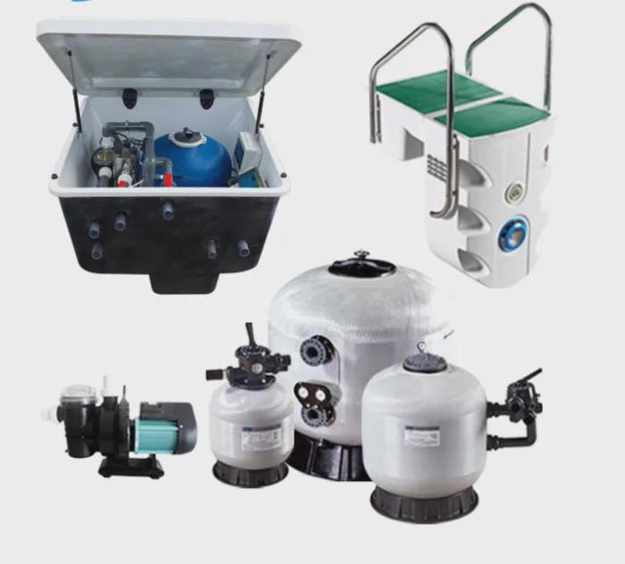 complete set swimming pool equipment including sand filter, pump, underwater LED light, pool ladder