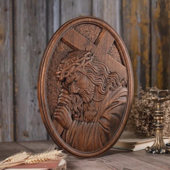 vintage Religious Wooden Icon Jesus Catholic Figure Carrying the Cross, Holy Statues Home Decor
