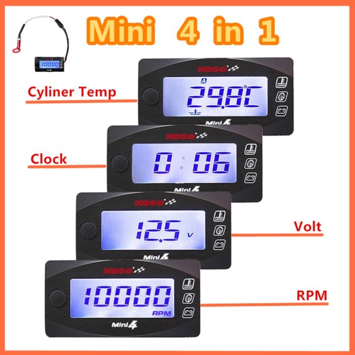 koso 4 in 1 cylinder temperature Display meter Motorcycles cylinder temperature Voltmeter Time RPM