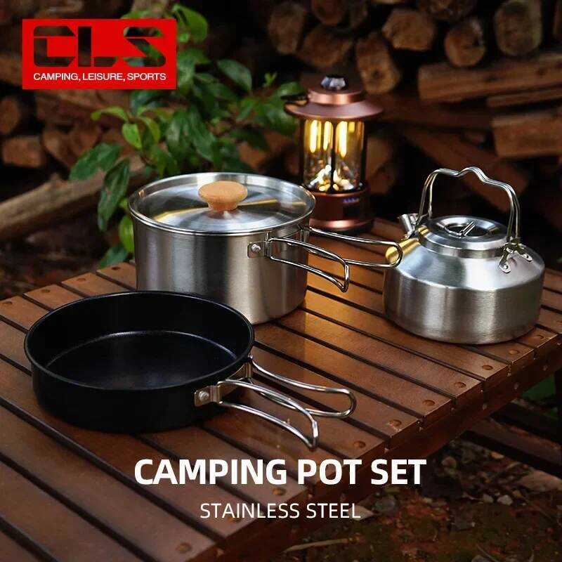 C CLS Outdoor Stainless Steel Pot Set Camping Non-Stick Frying Pan Camping Soup Pot Kettle Portable