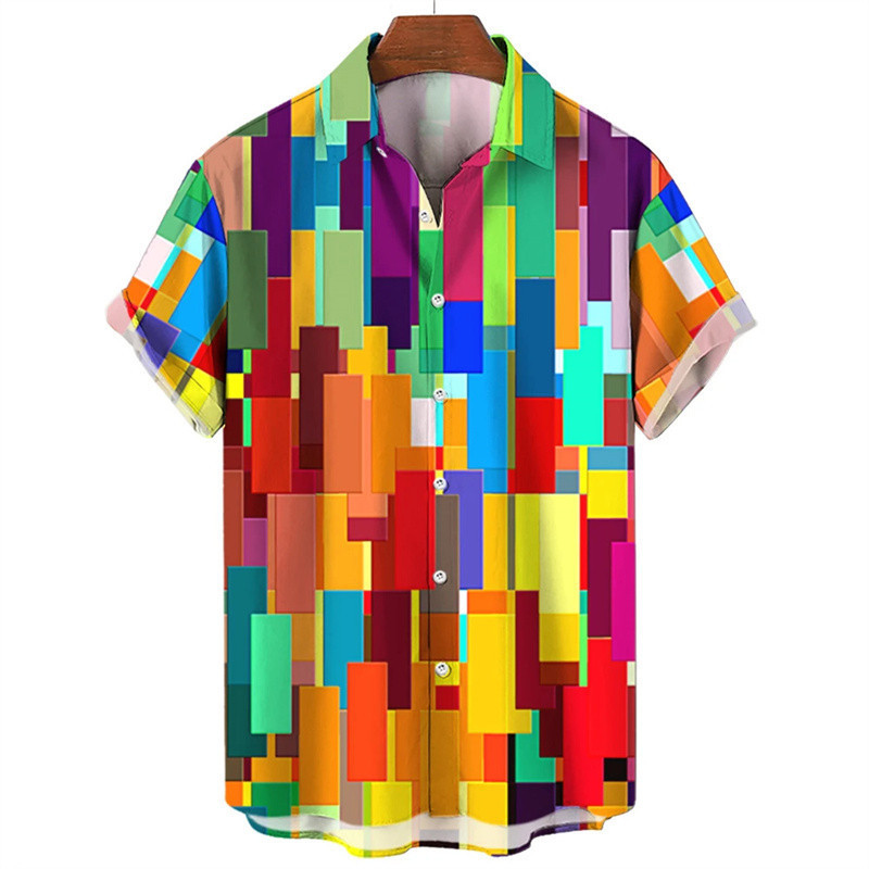 เสื้อเชิ้ตแขนสั้นลายหมากรุกโทนสีรุ้ง สไตล์ลำลองสำหรับผู้ชายในฤดูร้อน