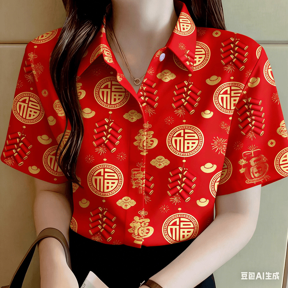 เสื้อผู้หญิงสำหรับเทศกาลตรุษจีน สไตล์ฮาวายแขนสั้นลายพิมพ์ ขนาดใหญ่พอดีตัว (Oversize)