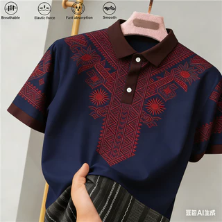เสื้อโปโลแขนสั้นผู้ชาย ลายชาติพันธุ์ สวมใส่ง่ายในฤดูร้อน