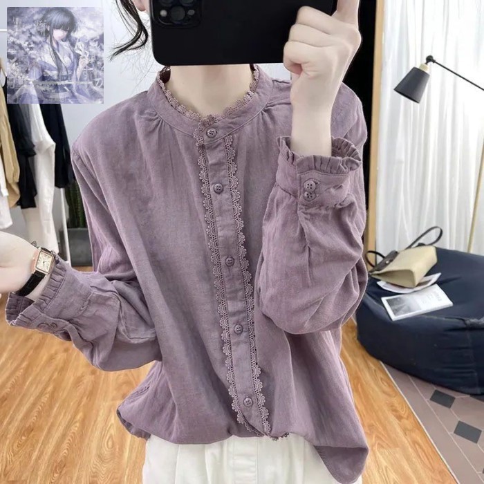 ผ้าฝ้ายแท้เสื้อแขนยาวผู้หญิง Retro หลวมแฟชั่น สlim-fit ใส่ได้ทุกรูปแบบและทุกฤดูกาล