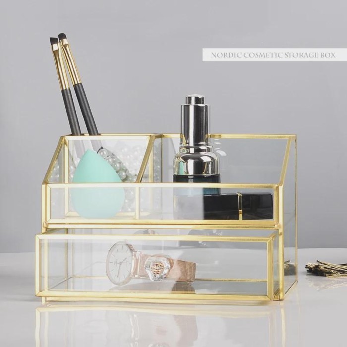 1pc Glass Makeup Brush Storage Box, Pearl Treasure Box, Cosmetic Tube, Transparent/gold Makeup Stor