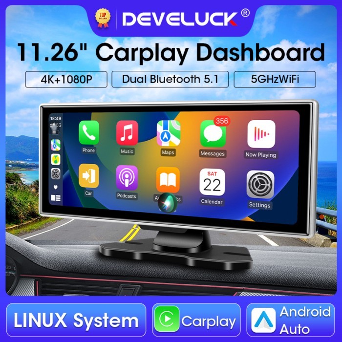 11.26 inch Car DVR 4K Dash Cam Dual Lens Wireless Carplay & Android Auto Video Recorder Monitor GPS