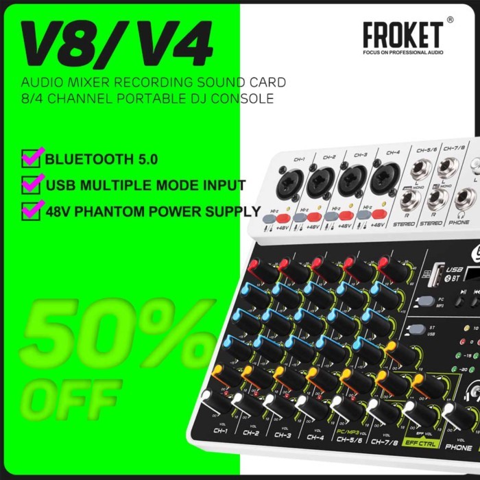 Debra V4/V8 Audio Interface Mixer DJ Equipment Controller Bluetooth Phantom Power Delay Repaeat Eff