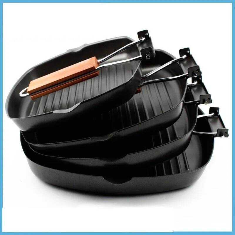 C Portable Non-Sticky Steak Fing Pan Square Grill Pan With Folding Wooden Handle BBQ Fing Pancast I