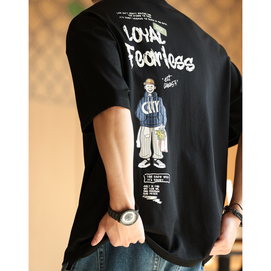 Wuluwear American Casual Seiko Offset พิมพ์เสื้อยืดแขนสั้นผู้ชาย 210g การ์ตูนสนุกรอบคอ Bottoming เสื้ออินเทรนด์