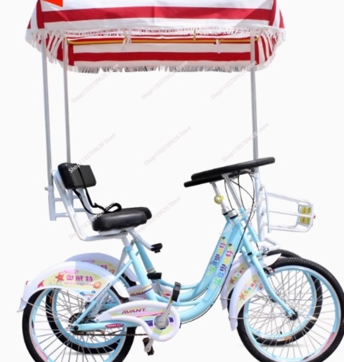 Four-wheeled tandem bicycle two riding couple parent-child three traveling scenic taxi