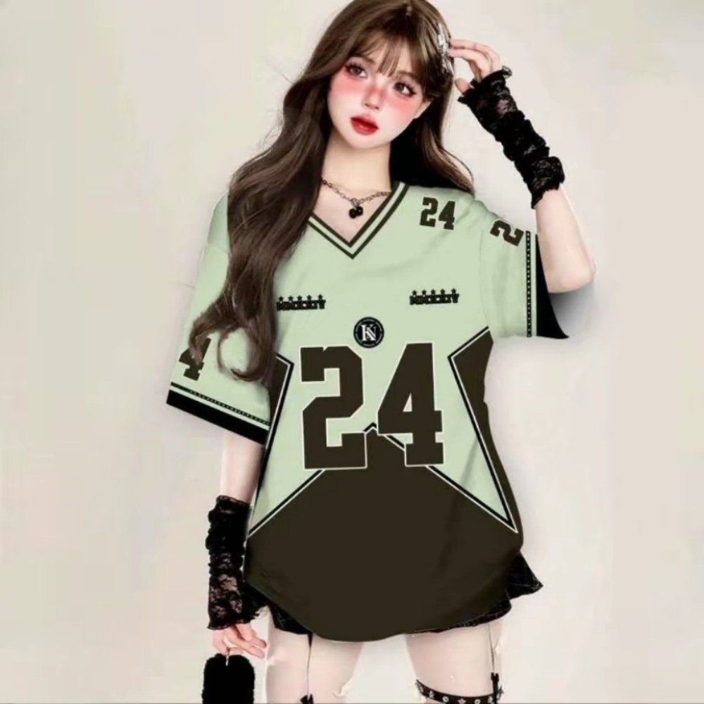 เสื้อยืดคอวี womenwear ,ฟรีปรับแต่งชื่อและหมายเลข,เจอร์ซีย์,มีสไตล์,เสื้อซับทั้งตัวสําหรับผู้หญิงและ