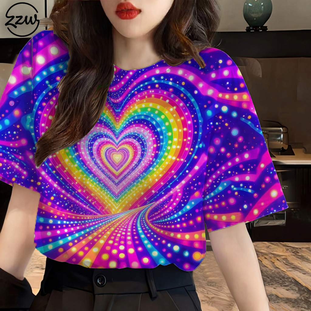 เสื้อยืดพิมพ์ลายหัวใจนีออนและสายรุ้ง สไตล์สำหรับ.party season