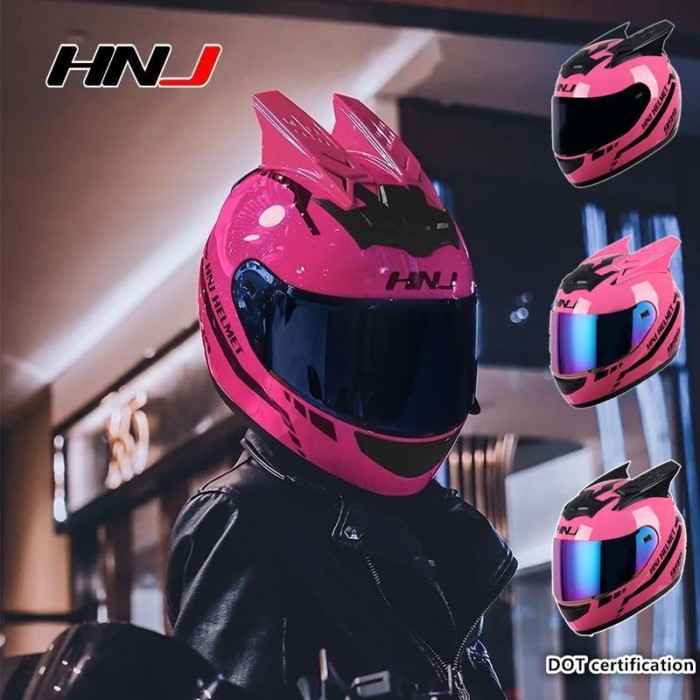 HNJ Men Motorcycle Helmet Women Full Face Helmet Riding Personality Horn Pink Helmet DOT Certificat