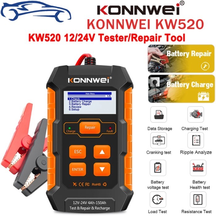 KONNWEI KW520 KW510 12V 24V 10A 5A Full Automatic Car Battery Tester Full Repair Tool Pulse Auto Ch