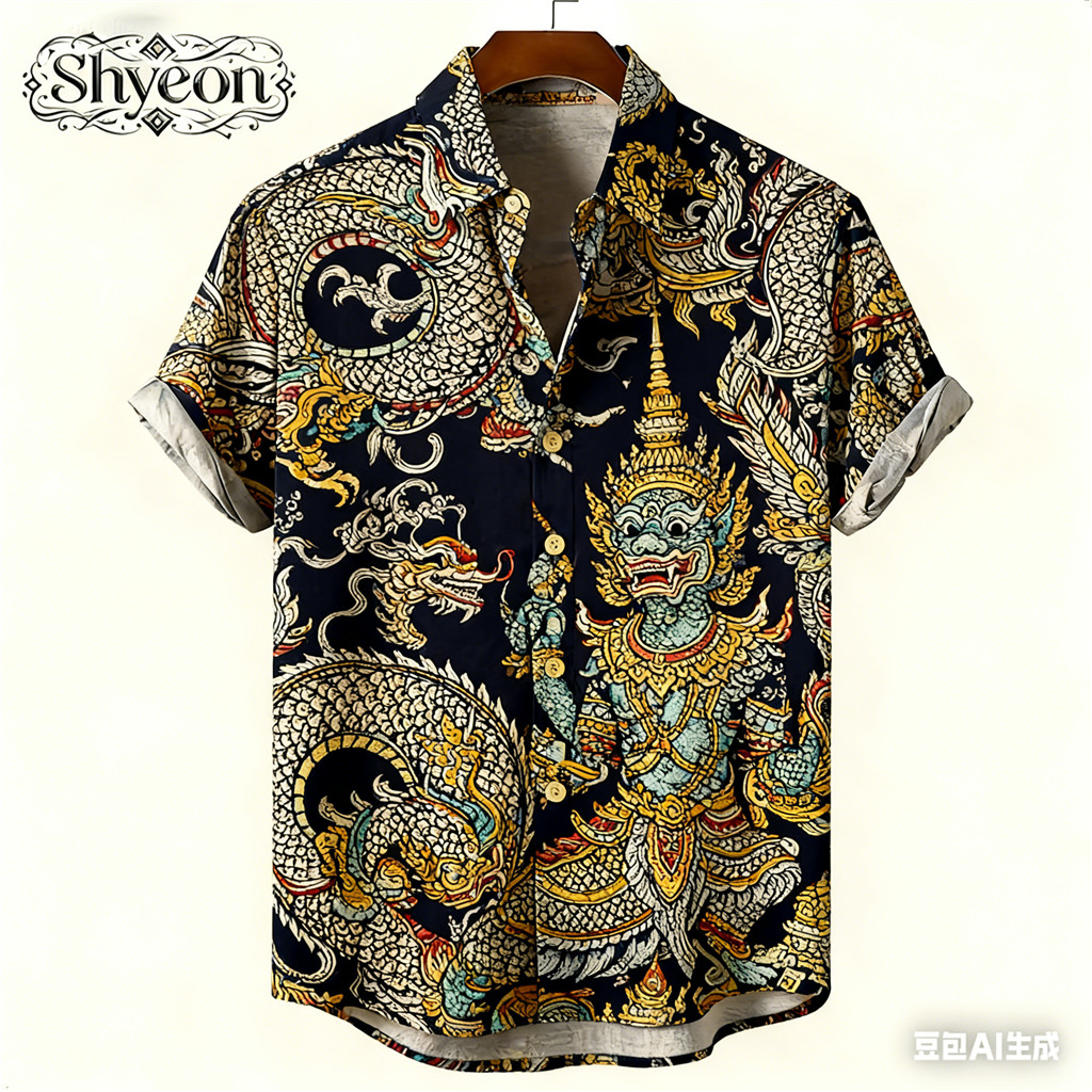 เสื้อเชิ้ตย้อนยุคสำหรับผู้ชาย พิมพ์ลายช้างแบบ 3 มิติและสไตล์ชาติพันธุ์ โดดเด่นในทุกลุค