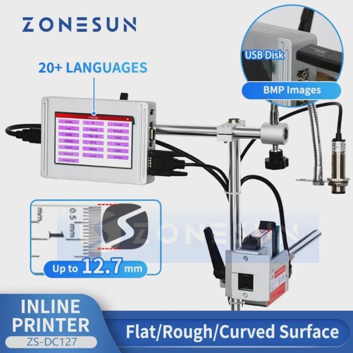 ZONESUN Inline Printer Date Coding Machine 12.7mm QR Code Barcode Batch Serial Number Production Da