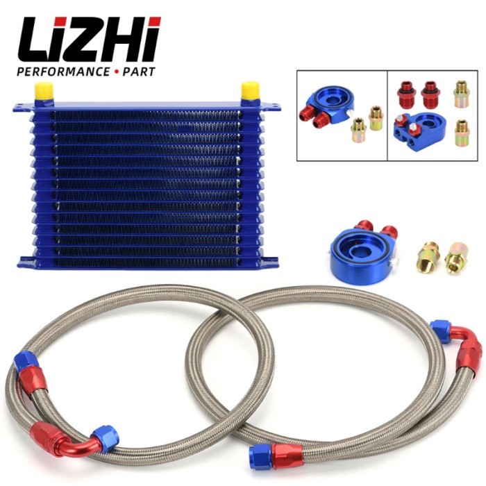 LIZHI - UNIVERSAL 15 ROWS OIL COOLER KIT + OIL FILTER SANDWICH ADAPTER + STAINLESS STEEL BRAIDED OI