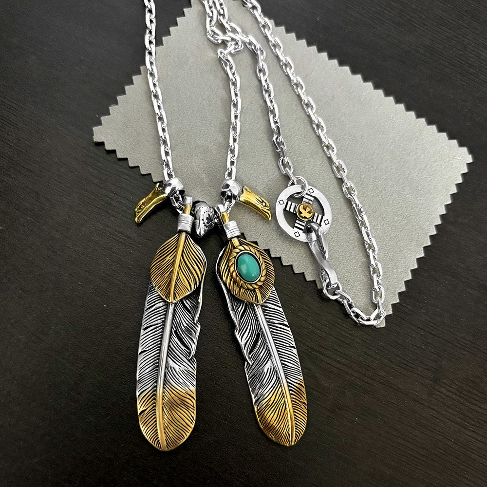 ♞,♘,♙Takahashi goro 's Gold-Plated Leaves ฝัง Turquoise Feather Necklace/Gold-Plated Eagle Beak คู