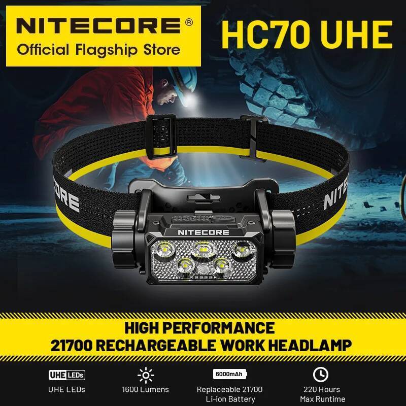 NITECORE HC70 UHE USB-C ไฟหน้าทํางานแบบชาร์จไฟได้ 1600 Lumens เดินป่าไฟหน้า LED, 6000mAh 21700 แบตเต