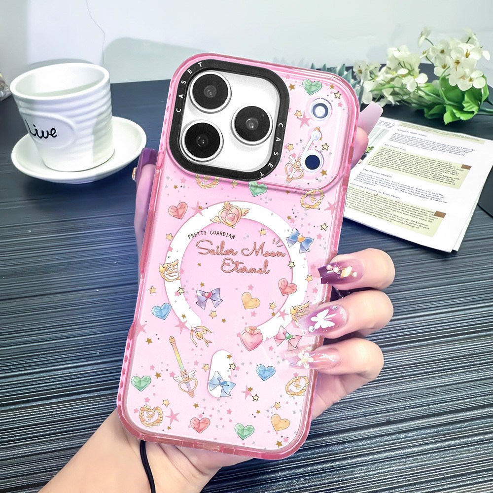 Screenful Sailor Moon Loving Heart สติกเกอร์ไร้สายชาร์จแม่เหล็กสําหรับ IPhone 15PLUS 11 12 13 16 17 Pro Max ฝาครอบ 16E 17Air ซิลิโคนนุ่มกันชนใสกันกระแทก