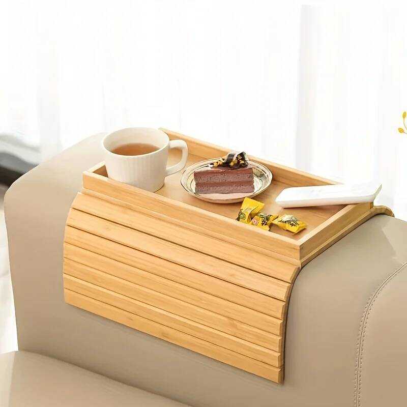 C Bamboo Sofa Arm Tray Foldable Snack Plate Wooden Living Room Side Table Storage Tray