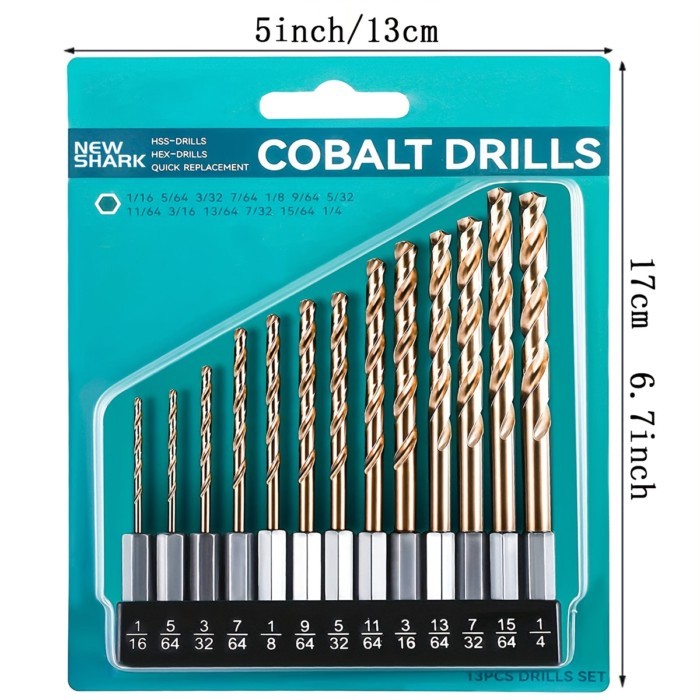 Impact Hex Shank Drill Bit Set 13 Pcs (1/16"-1/4"),M35 Cobalt Drill Bit Set, Quick Change Impact Dr