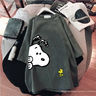 เสื้อยืดกระโปรงยาว แขนยาวครึ่งแขน พิมพ์ลายการ์ตูน Snoopy ขนาดใหญ่ เข้ากับทุกการแต่งกาย สไตล์เกาหลี แฟชั่นฤดูร้อน สําหรับสตรี