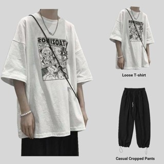 ชุดเสื้อยืดลําลอง ความยาวถึงข้อเท้า ทรงหลวม สไตล์เกาหลี แฟชั่นฤดูร้อน สําหรับผู้ชาย และนักเรียน
