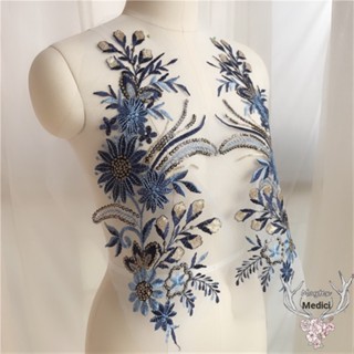 [Beautiful Embroidery] ผ้าลูกไม้ ปักเลื่อม ลายดอกไม้ แฮนด์เมด หลากสี สีน้ําเงินเข้ม สําหรับตกแต่งชุดราตรี