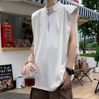 เสื้อยืดแขนกุด คอเต่า แต่งซิป สีพื้น ระดับไฮเอนด์ สําหรับผู้ชาย