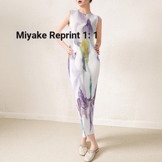 Miyake ชุดเดรสกระโปรง แขนกุด คอกลม จับจีบ พิมพ์ลาย ระดับไฮเอนด์ สําหรับสตรี 2023