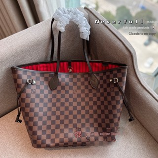 Neverfull กระเป๋าช้อปปิ้ง กระเป๋าสะพายไหล่ กระเป๋าหนังวัวแท้ ทรงโท้ท ลายตารางหมากรุก สําหรับคุณแม่