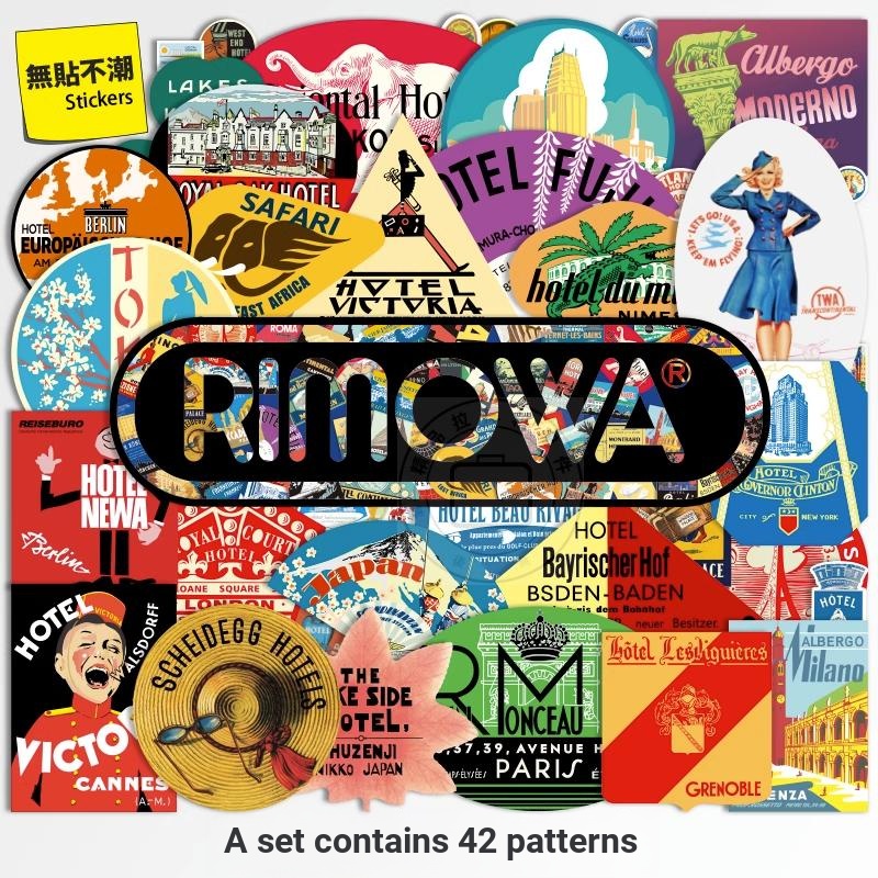 42 ชิ้นแผ่นใหญ่ rimowa สติ๊กเกอร์ติดกระเป๋าเดินทาง Retro กันน้ําสติกเกอร์ rimowa สติ๊กเกอร์ที่ระลึก rimowa สติ๊กเกอร์ติดกระเป๋าเดินทาง rimowwa สติ๊กเกอร์ติดกระเป๋าเดินทาง